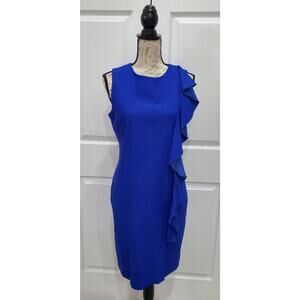 SARA CAMPBELL $228 Royal Blue Scuba Neoprene Stretch Ruffle Sheath Dress Size 10